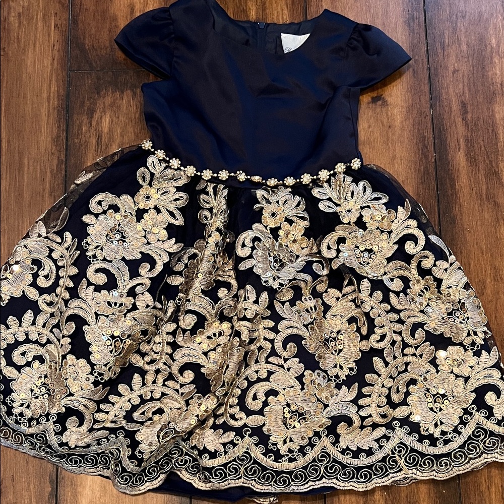 Rare Editions Midnight Blue and Gold Floral Dress